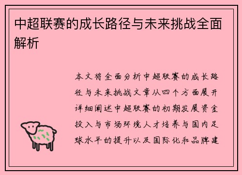 中超联赛的成长路径与未来挑战全面解析